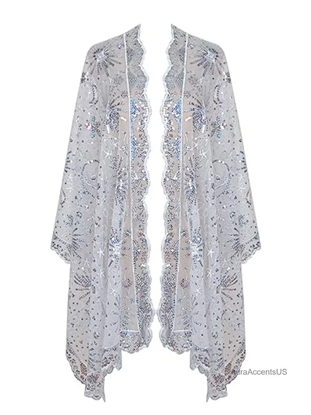 1920s Sequin Fringed Shawl Wrap Lace Evening Scarf